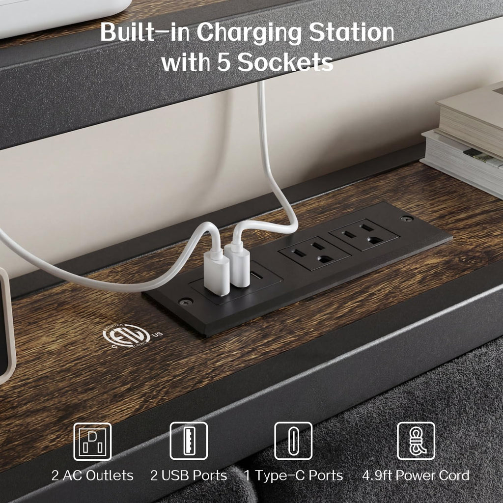 OLEVS Full Bed Frame Metal Platform Bed Queen Size with 2-Tier Storage & LED Light Headboard & Footboard, Charging Station Type C, No Box Spring Needed