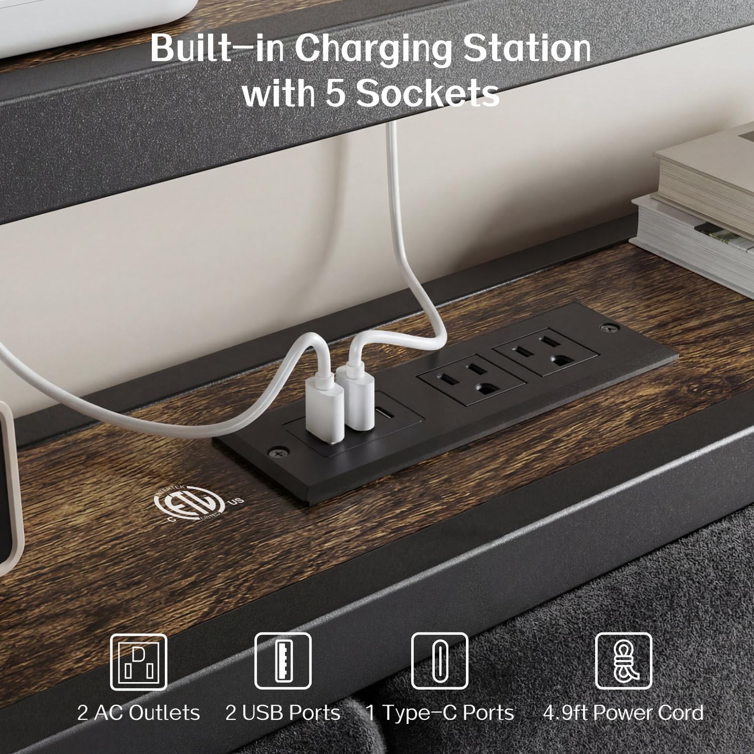 OLEVS Full Bed Frame Metal Platform Bed Queen Size with 2-Tier Storage & LED Light Headboard & Footboard, Charging Station Type C, No Box Spring Needed
