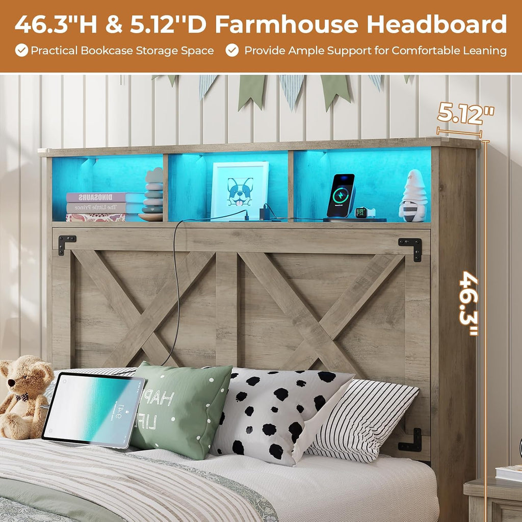 DICTAC Farmhouse Twin Bed Frame with Storage Headboard and Charging Station Wood Platform Bed Frame Twin Size with Storage Ottoman and Led Lights,Twin Size Bed for Kids,Metal Slats Support,Oak Gray