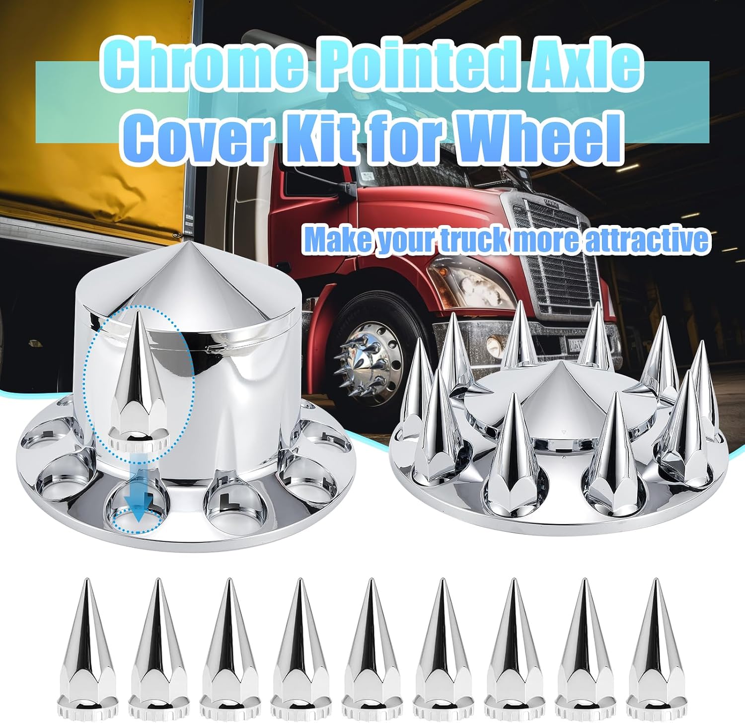 ABS Chrome Plastic Front Axle and Rear Cover Kits with 33mm Push-on Flange Nut Covers for Semi Trucks in Pairs, Spiked, 2+4 Set