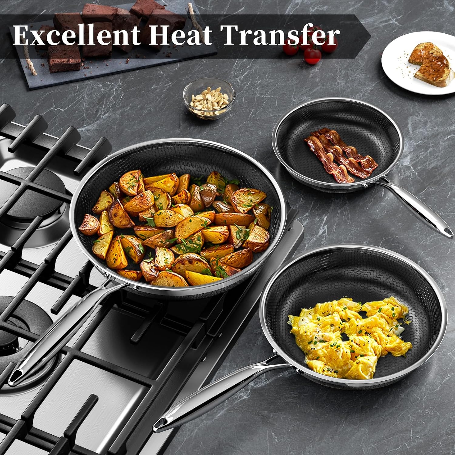 Innerwell Nonstick Frying Pan Set,8 Inch&9.5 Inch&11 Inch Tri-Ply Hybrid Stainless Steel Ceramic Frying Pans Kitchen Cooking Pan Skillet 3 Piece PFAS/PFOA/PTFE Free,Dishwasher & Oven Safe