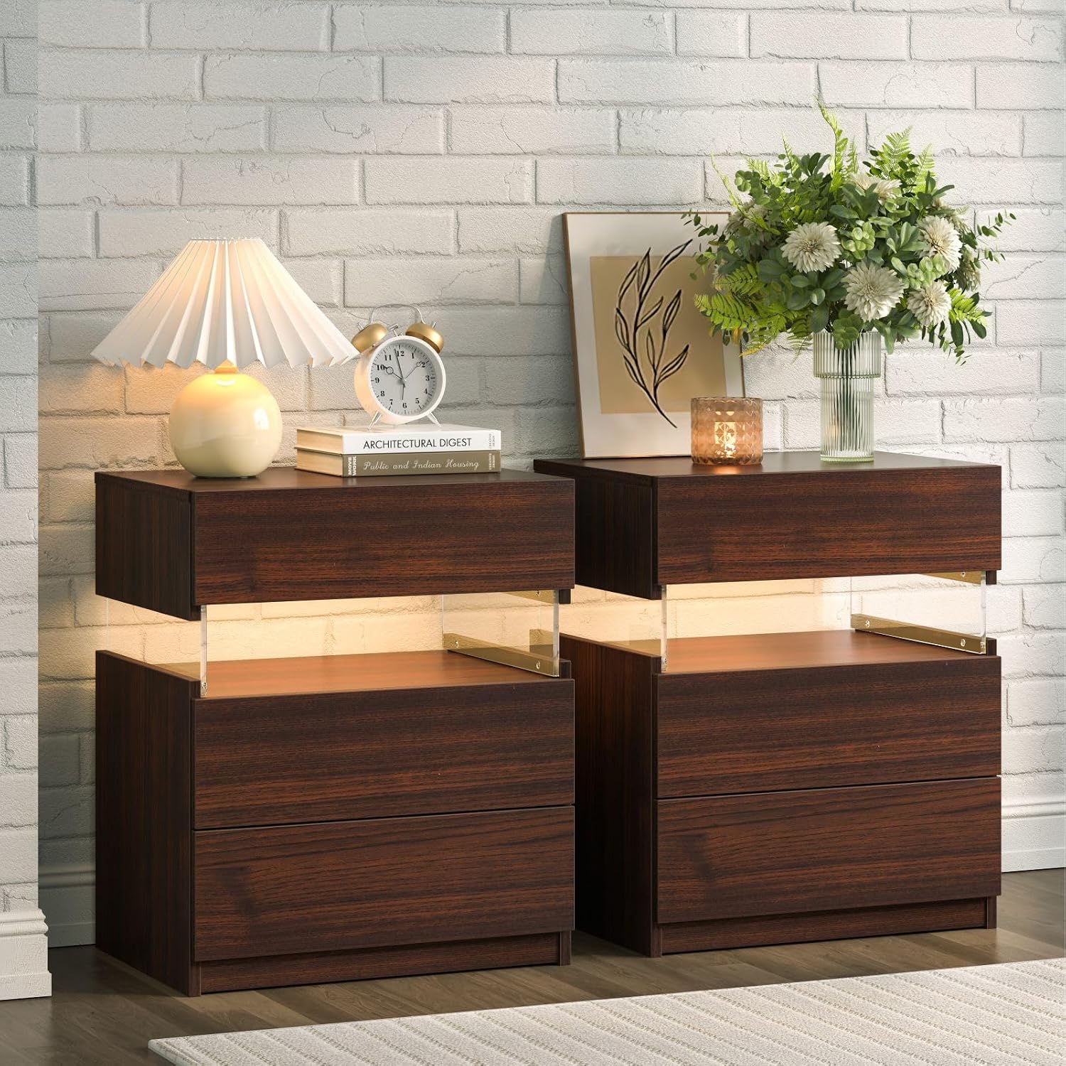 i-aplus Brown LED Nightstand Set of 2,Night Stand Set 2,Modern Night Stand with 3 Drawers,Night Stands for Bedroom Set of 2,Bedside Table Suitable for Small Spaces and Indoor use Capabilities