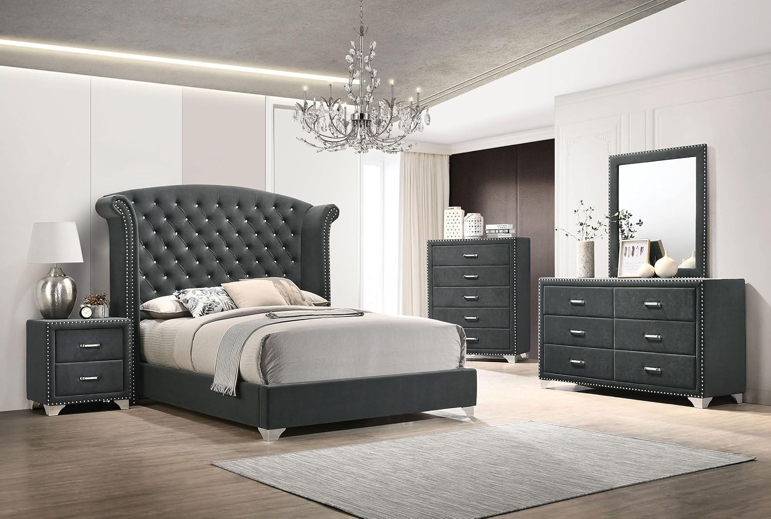 Coaster Home Furnishings Melody Modern Classic 5-Piece Bedroom Set Velvet Upholstered Queen Size Wingback Bed Frame 66-inch Headboard Grey 223381Q-S5