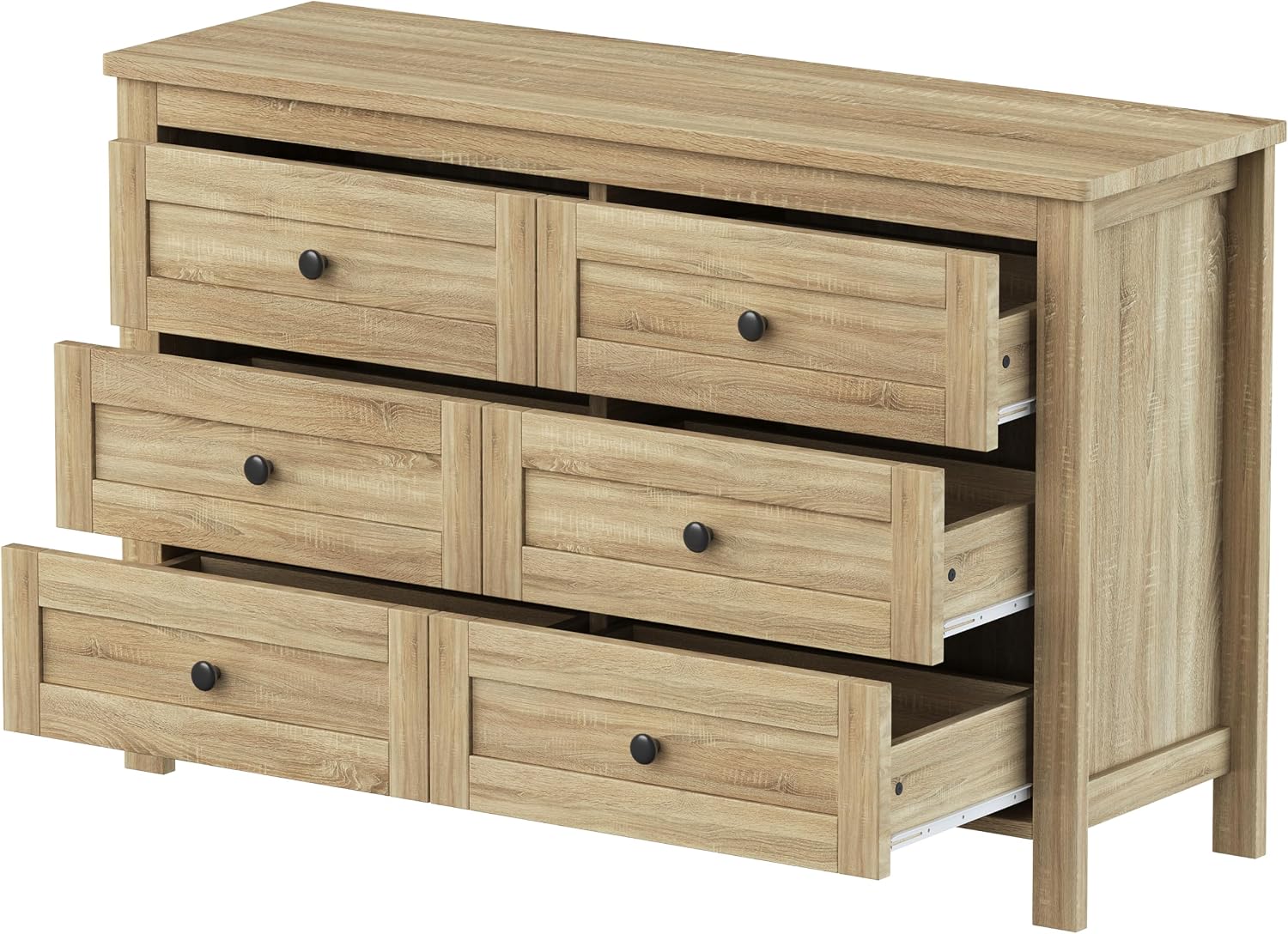 SOFTSEA 3 Pieces Farmhouse Bedroom Set, Queen Size Platform Bed with a Nightstand and 6-Drawer Dresser, Wood Platform Bed with Sliding Barn Door Headboard and Charging Station, Natural