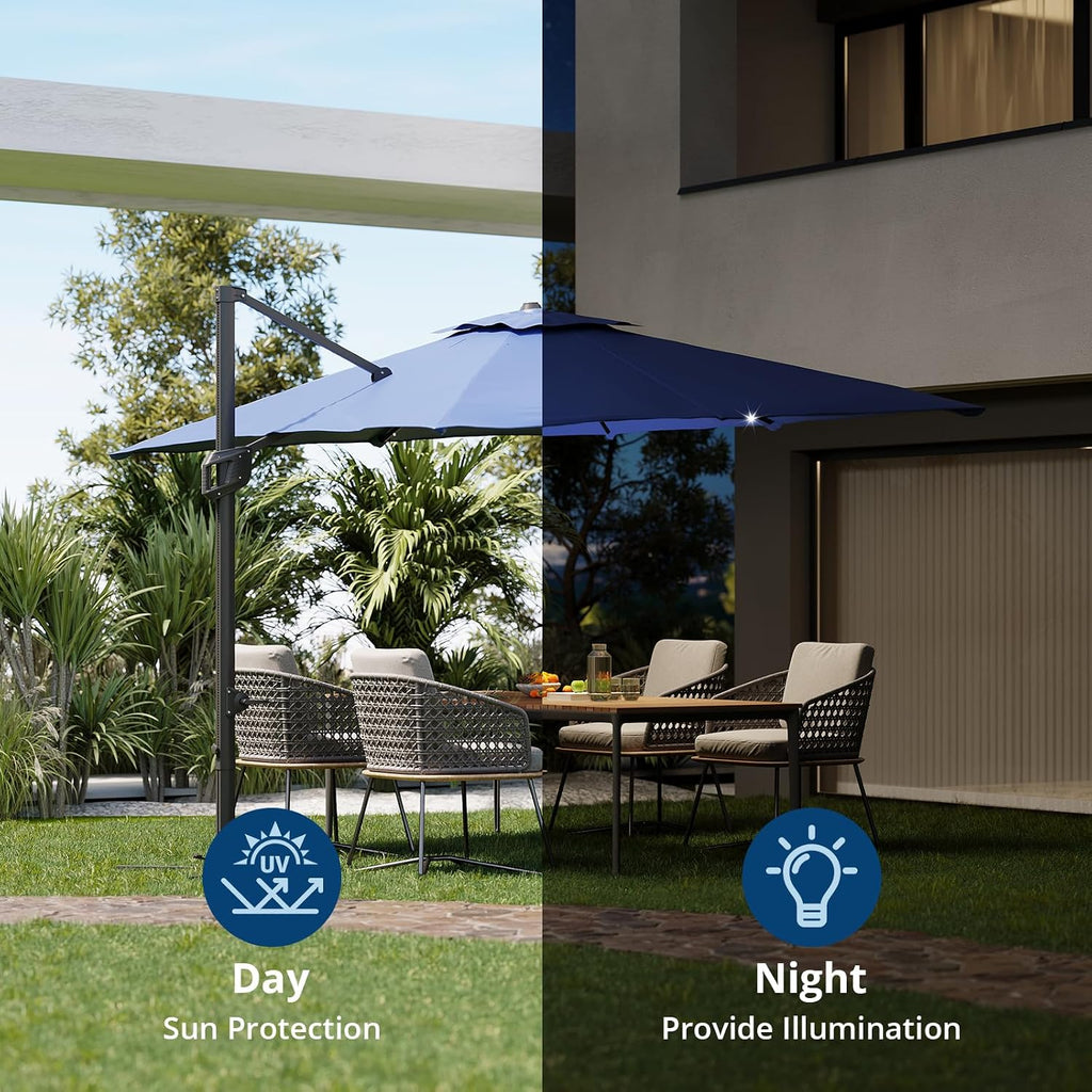 10 FT Offset Patio Umbrella with Solar Lights and Cross Base, Cantilever Umbrella with Easy Tilt Adjustment, Polyester Shade for Garden, Deck, Pool, Backyard
