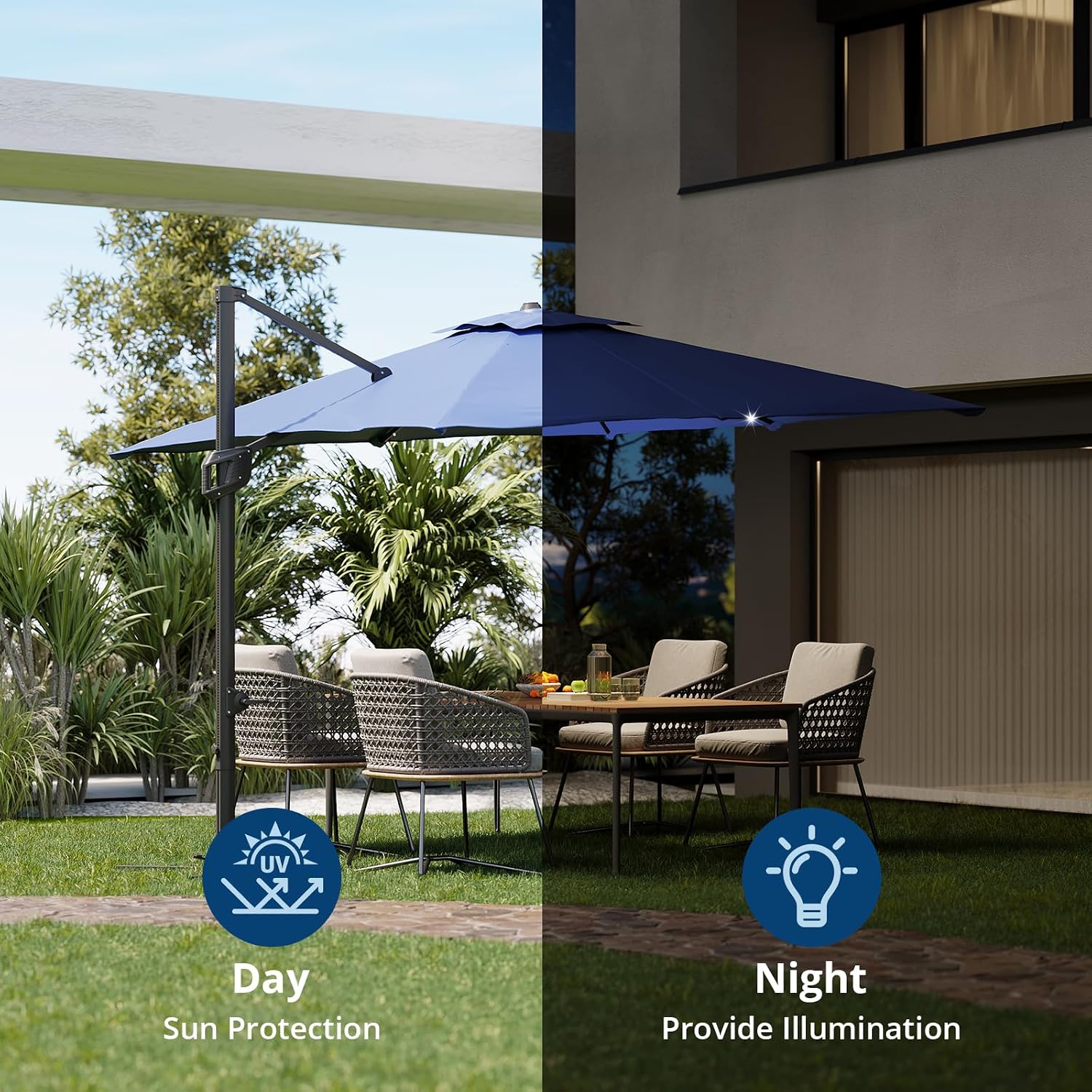 10 FT Offset Patio Umbrella with Solar Lights and Cross Base, Cantilever Umbrella with Easy Tilt Adjustment, Polyester Shade for Garden, Deck, Pool, Backyard