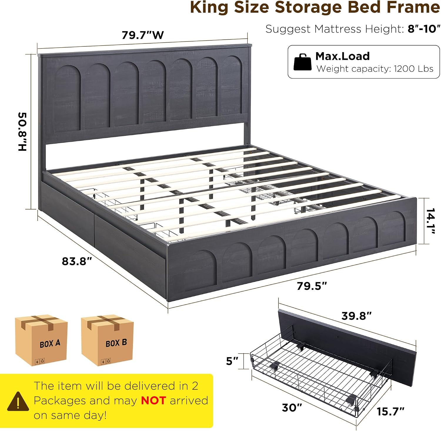 ACCOHOHO King Size Bed Frame Modern with 51' Tall Arched Recessed Headboard and 4 Drawers, Solid Wood Slats Support, Wood Platform, Noise Free, No Box Spring Needed, (Black)