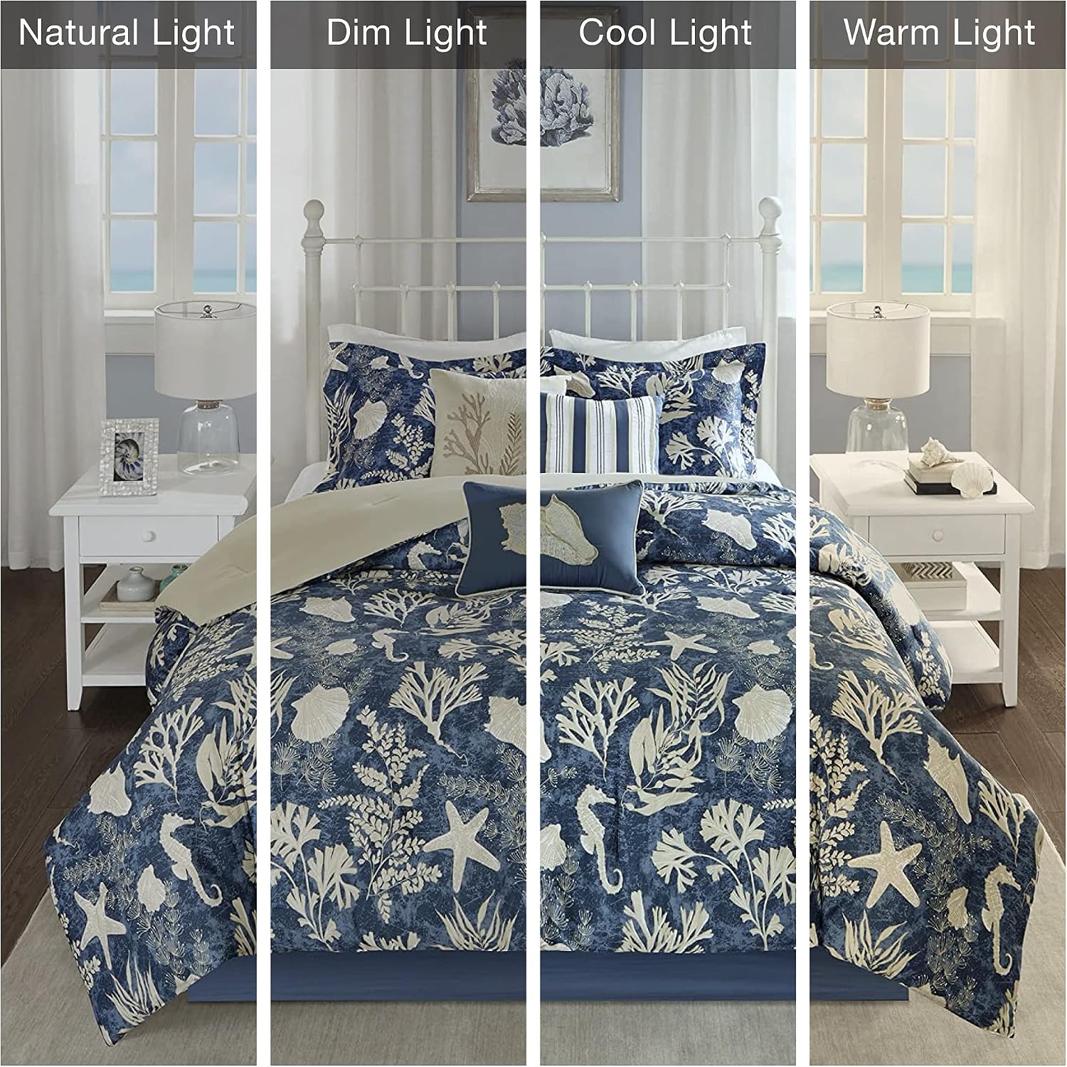 Madison Park 100% Cotton Comforter Set - Coastal Coral, Starfish Design All Season Down Alternative Cozy Bedding with Matching Shams, Decorative Pillow, Queen(90'x90'), Blue, Cape Cod Navy 7pcs