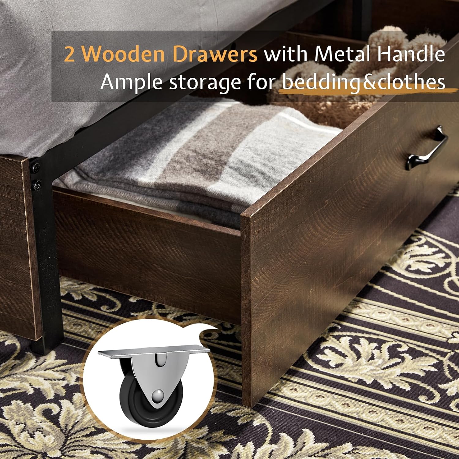 VanAcc Queen Size Bed Frame, Wooden Platform Storage Bed with 51.2' Bookcase Headboard, 2 Drawers, Charging Station/No Box Spring Needed/Noise Free(Brown)