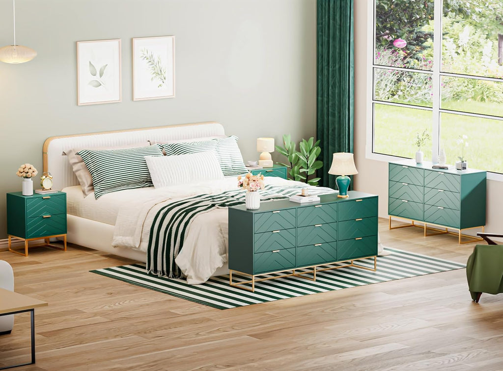 Anbuy 3 Pieces Bedroom Sets, 6 Drawer Dresser and Nightstand Sets for Bedroom, Night Stand Set of 2 & 6 Drawer Dresser with Gold Handles, Morden Wood Chest of Drawers Storage Cabinet Set, Green