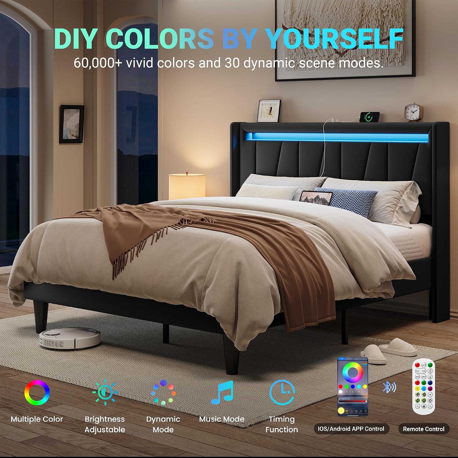Allewie Full Size LED Bed Frame with Charging Station, Velvet Upholstered Platform Bed with Geometric Wingback Headboard, Modern Frame with No Box Spring Needed, Easy Assembly, Black