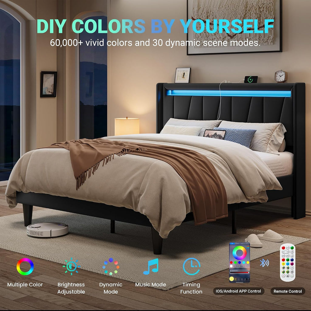 Allewie Queen Size LED Bed Frame with Charging Station, Velvet Upholstered Platform Bed with Geometric Wingback Headboard, Modern Frame with No Box Spring Needed, Easy Assembly, Black