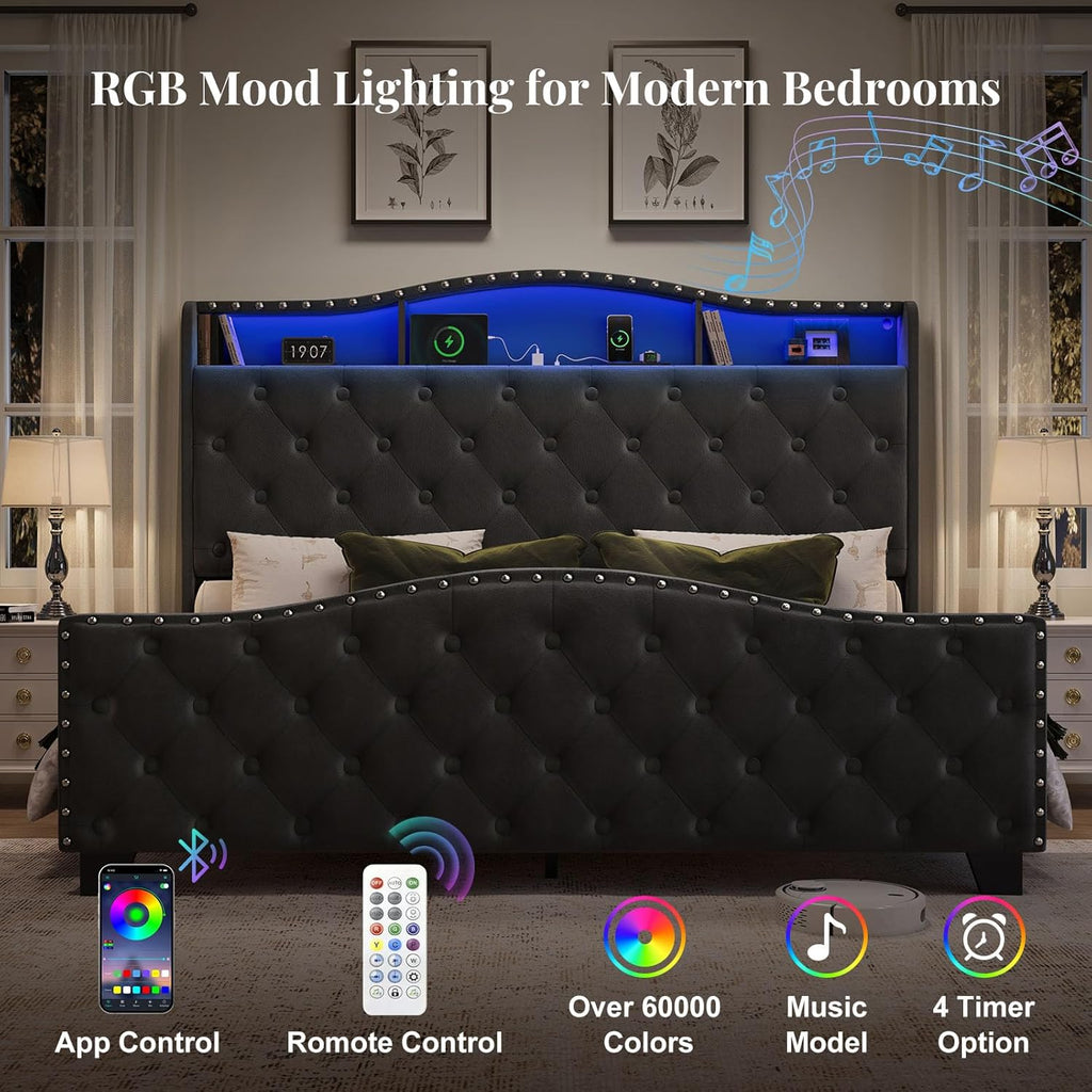 Belffin Queen Size Bed Frame and Headboard, 50.9' Velvet Upholstered Wingback Bedframe with LED Lights & Storage/Charging Station, Button Tufted Tall Footboard, No Box Spring Needed, Noise-Free, Black