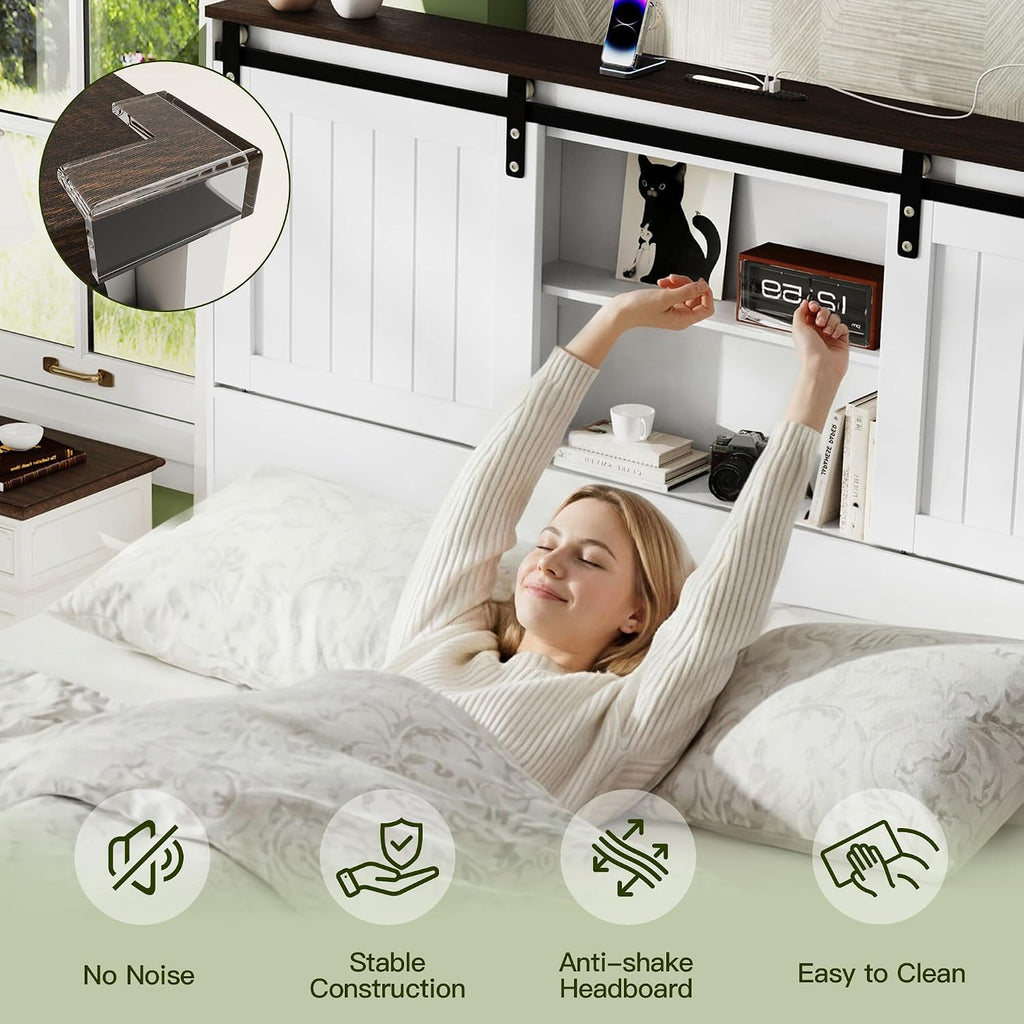 Queen Size Bed Frame with Storage, Sliding Barn Door, Farmhouse Wood Platform Bed with Reading Light and Charging Station, Wood Slats Support, Easy Assembly, Noise-Free, Antique White