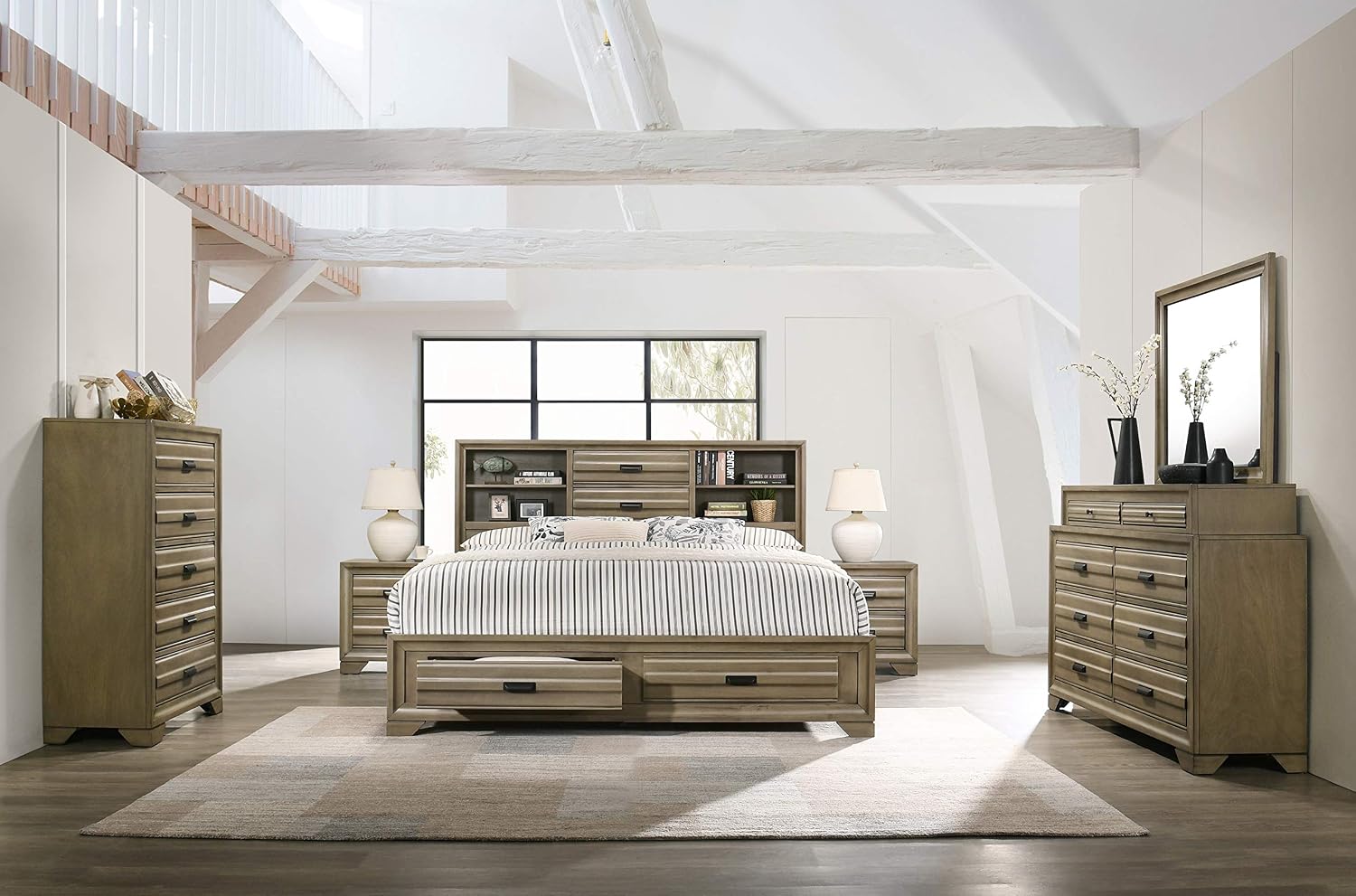 Roundhill Furniture Loiret Wood Storage Platform King Bedroom Set with Dresser, Mirror, Two Nightstands, Chest, Light Gray