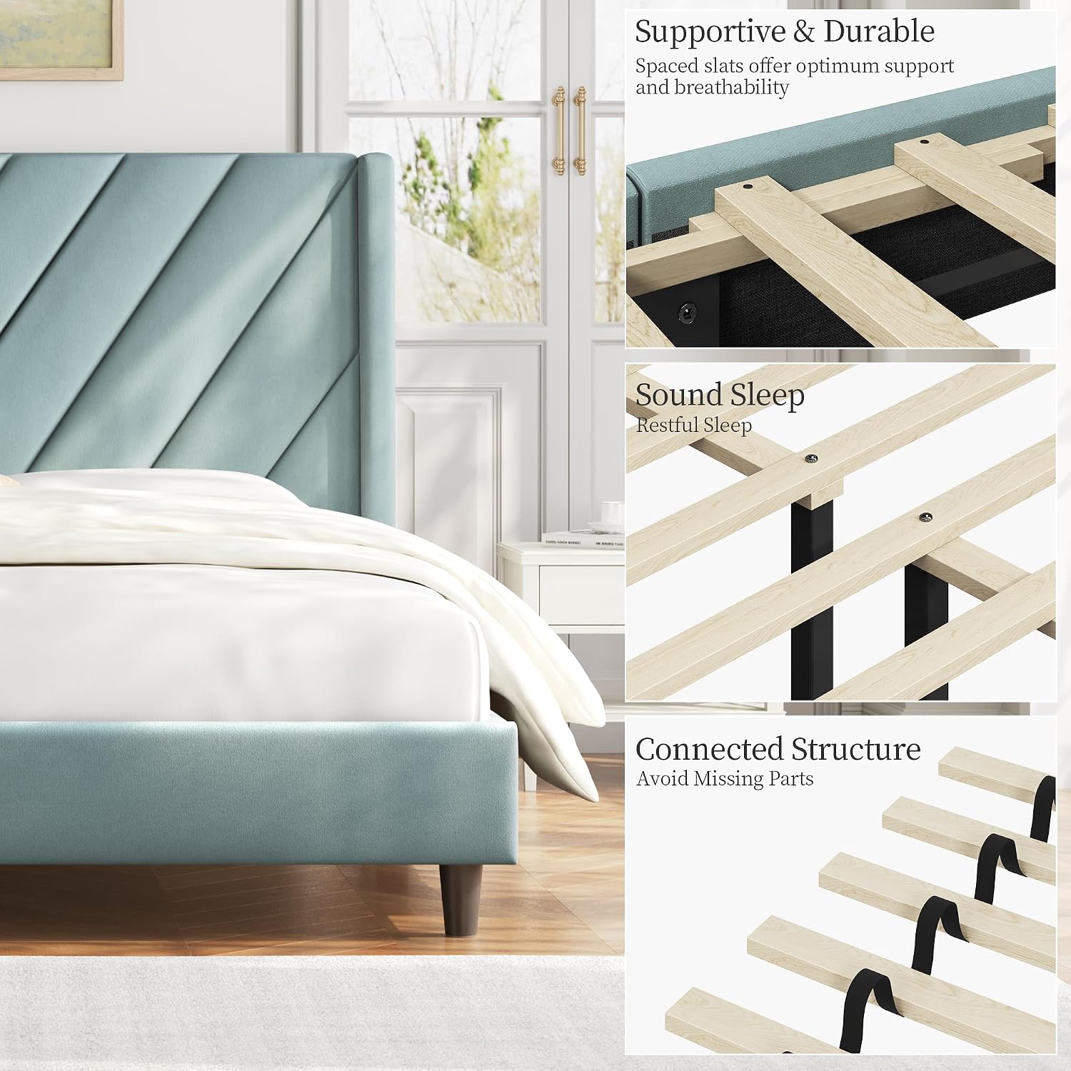 Yaheetech Queen Bed Frame Upholstered Platform Bed/Wooden Slat Support/Tufted Headboard with Wing Side/Mattress Foundation/No Box Spring Needed,Blue Lake Queen