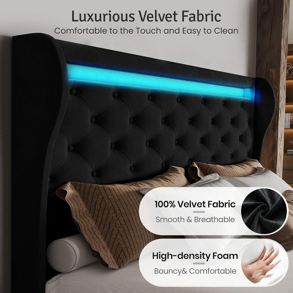 Belffin Queen Size Bed Frame with Headboard,50' Tall Headboard Upholstered Velvet Platform Bed with LED Lights & 2 USB Port/1 Type C Port, Button Tufted, No Box Spring Needed,Noise Free,Black