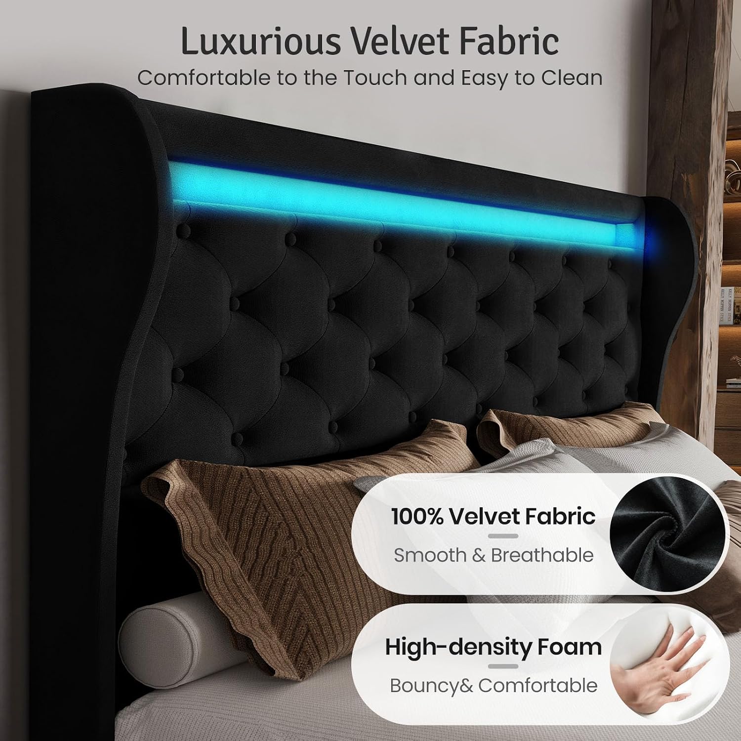 Belffin Queen Size Bed Frame with Headboard,50' Tall Headboard Upholstered Velvet Platform Bed with LED Lights & 2 USB Port/1 Type C Port, Button Tufted, No Box Spring Needed,Noise Free,Black