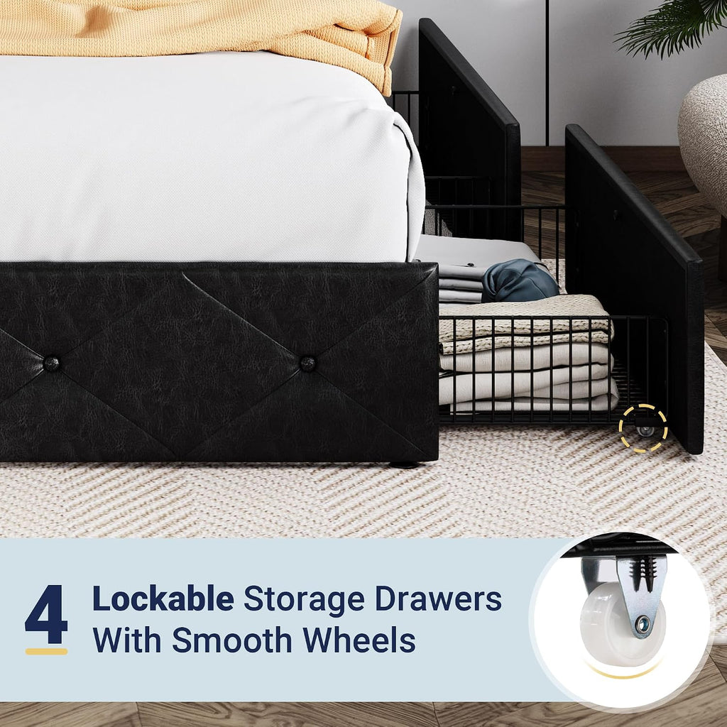 Allewie Upholstered Full Size Platform Bed Frame with 4 Storage Drawers and Headboard, Diamond Stitched Button Tufted, Mattress Foundation with Wooden Slats Support, No Box Spring Needed, Black