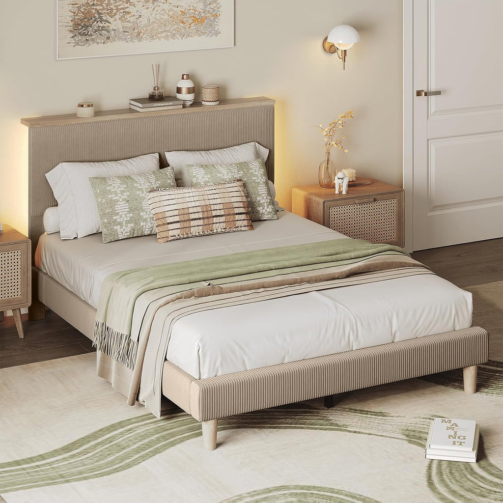 Bestier Queen Bed Frame with Adjustable Headboard & LEDLighting, Corduroy Upholstered Platform Bed Frame withStorage Shelf, Solid Wood Slats, No Box Spring Needed,Never Squeak, Easy Assembly, Taupe