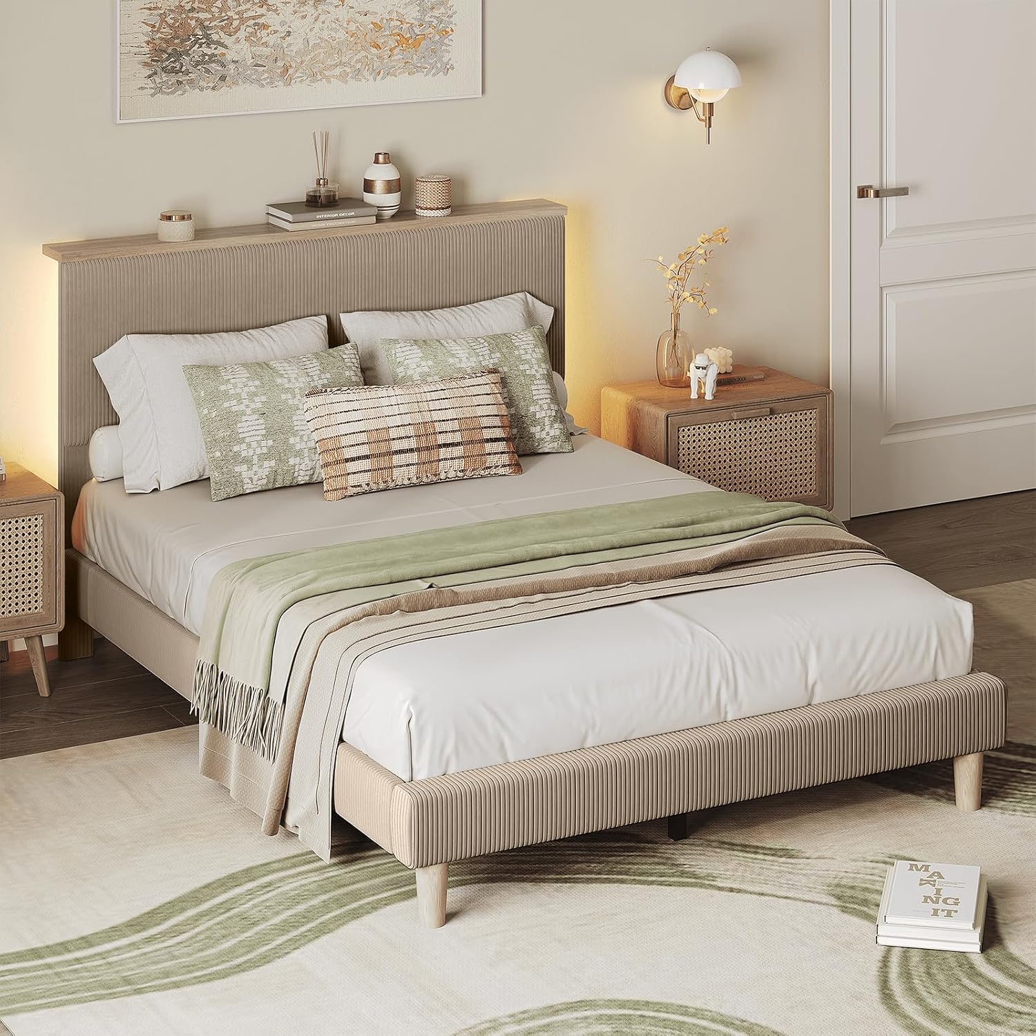 Bestier Queen Bed Frame with Adjustable Headboard & LEDLighting, Corduroy Upholstered Platform Bed Frame withStorage Shelf, Solid Wood Slats, No Box Spring Needed,Never Squeak, Easy Assembly, Taupe