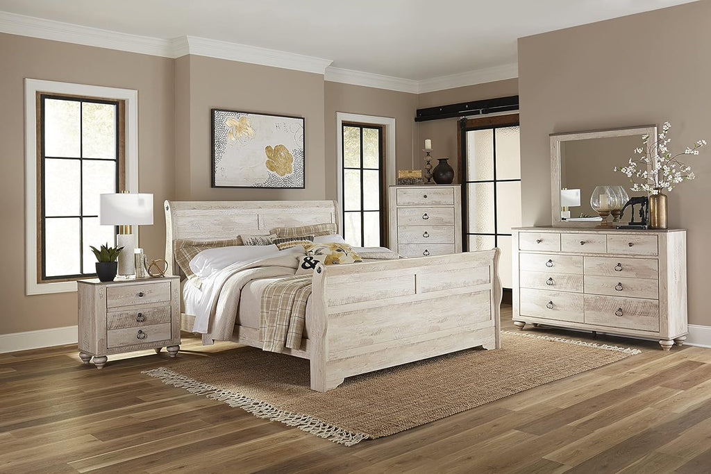 Roundhill Furniture Imerland Contemporary White-wash Finished 5-Piece Sleigh Headboard Bedroom Set, King