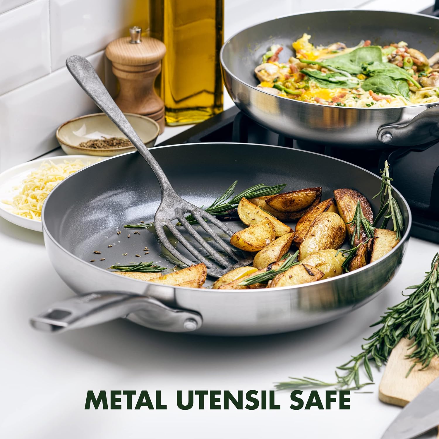 GreenPan Chatham Tri-Ply Stainless Steel 12 Piece Cookware Set, PFAS-Free Pots and Pans, Multiclad, Induction Ready, Fry Saute Sauce Pans, Stockpot, Dishwasher Safe, Oven & Broiler Safe, Silver