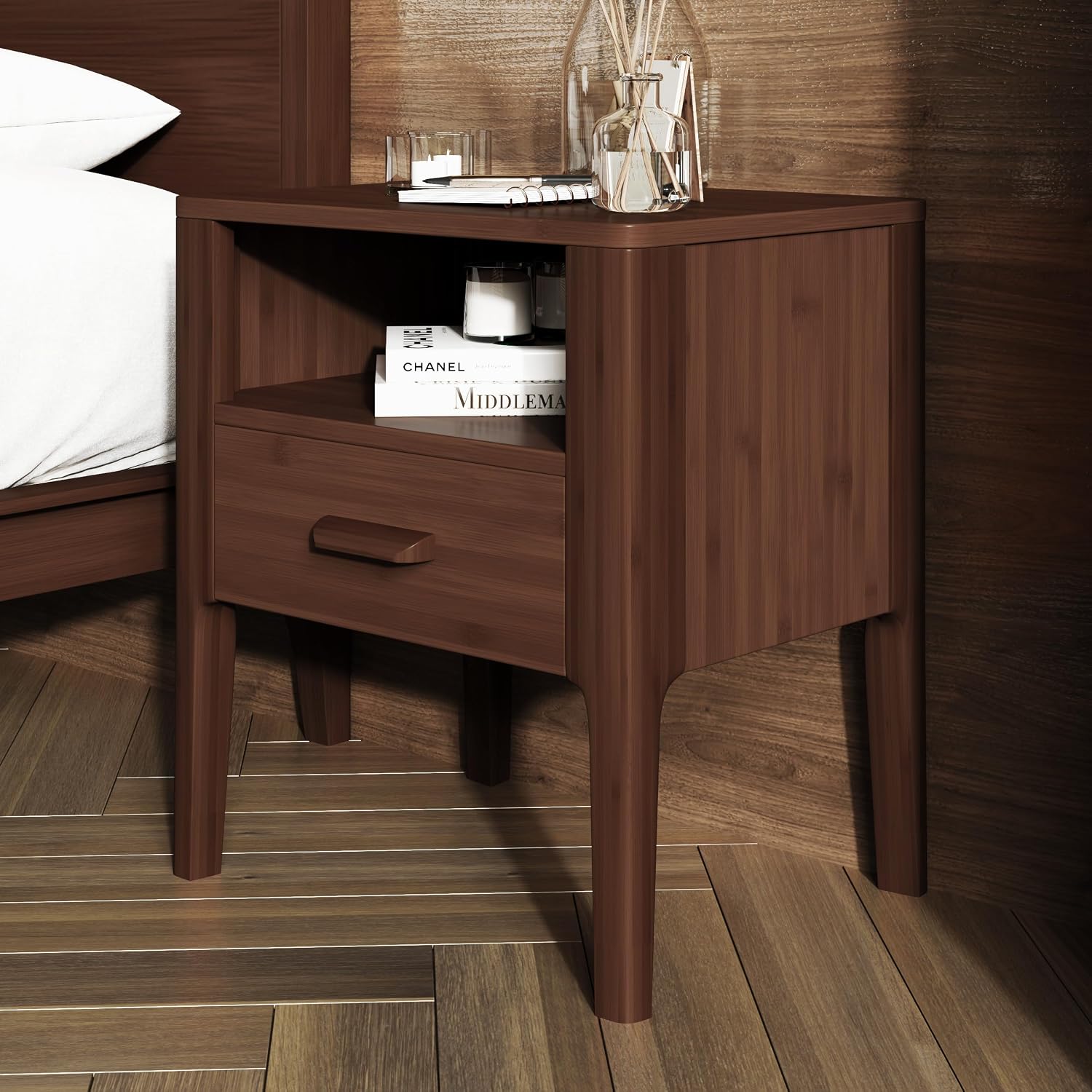 Merax 3 Pieces Bamboo Bedroom Sets, Mid-Century Modern Full Size Platform Bed with Tall Headboard, Storage Drawer Night Stands Set, Wood Slats Support, No Box Spring Needed, Easy Assembly, Espresso