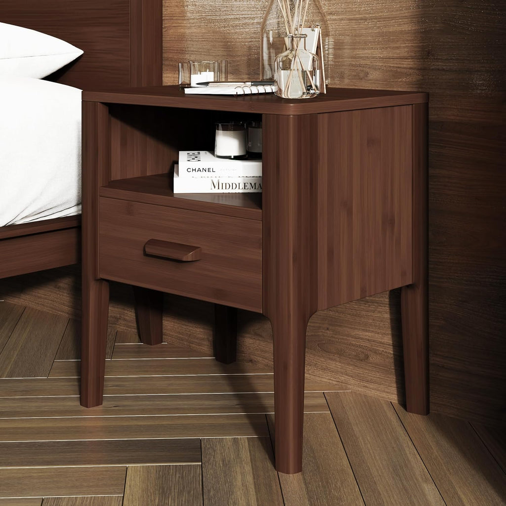 Merax 3 Pieces Bamboo Bedroom Sets, Mid-Century Modern Queen Size Platform Bed with Tall Headboard, Storage Drawer Night Stands Set, Wood Slats Support, No Box Spring Needed, Easy Assembly, Espresso