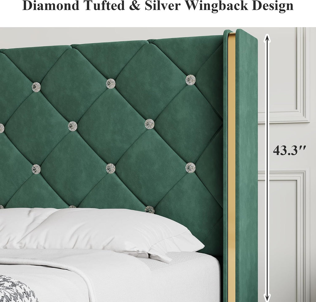 Lullabyre Queen Size Bed Frame, Upholstered Bed Frame with Diamond Tufted Headboard, Modern Silverside Wingback, No Box Spring Needed, Easy Assembly, Green