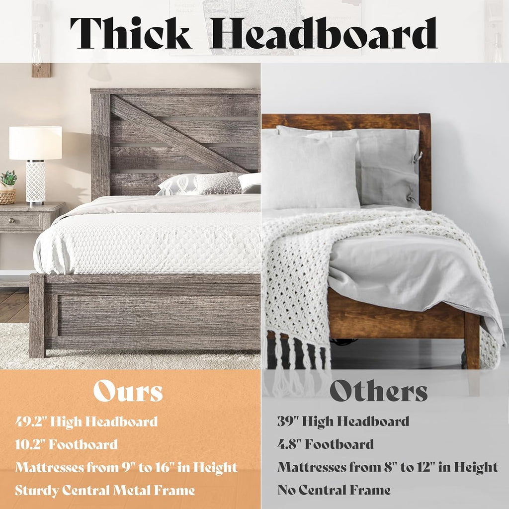 AMERLIFE King Size Bed Frame with 49.2' Barn Door Headboard and Footboard, Farmhouse Platform Bed Frame with Wood Slats, No Box Spring Needed, Under Bed Storage, Rustic Gray