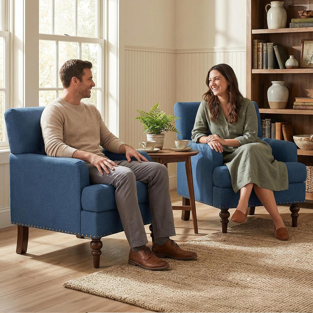 MALOL Upholstered Accent Chair with Thick Cushion, High Back Reading Chair, Linen Blend Armchair with Solid Rubberwood Legs for Living Room, Bedroom, Reading, Apartment & Small Spaces,Blue,Set of 2