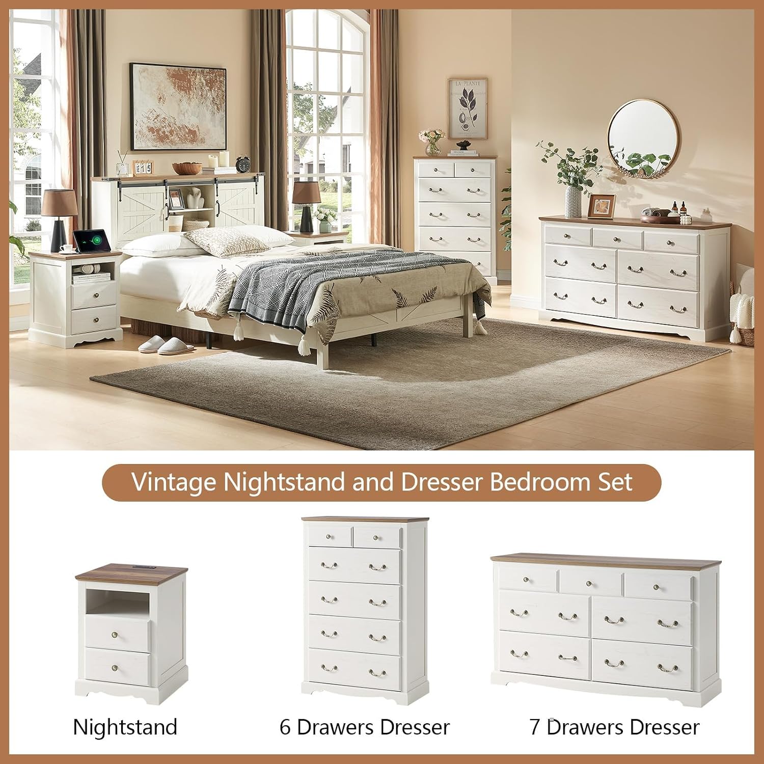 AMERLIFE Farmhouse 3 Pieces Bedroom Sets, Include 54' Wide 7 Drawers Dresser, Nightstand Set of 2 with Charging Station, Rustic Retro Bedroom Furniture Set, White