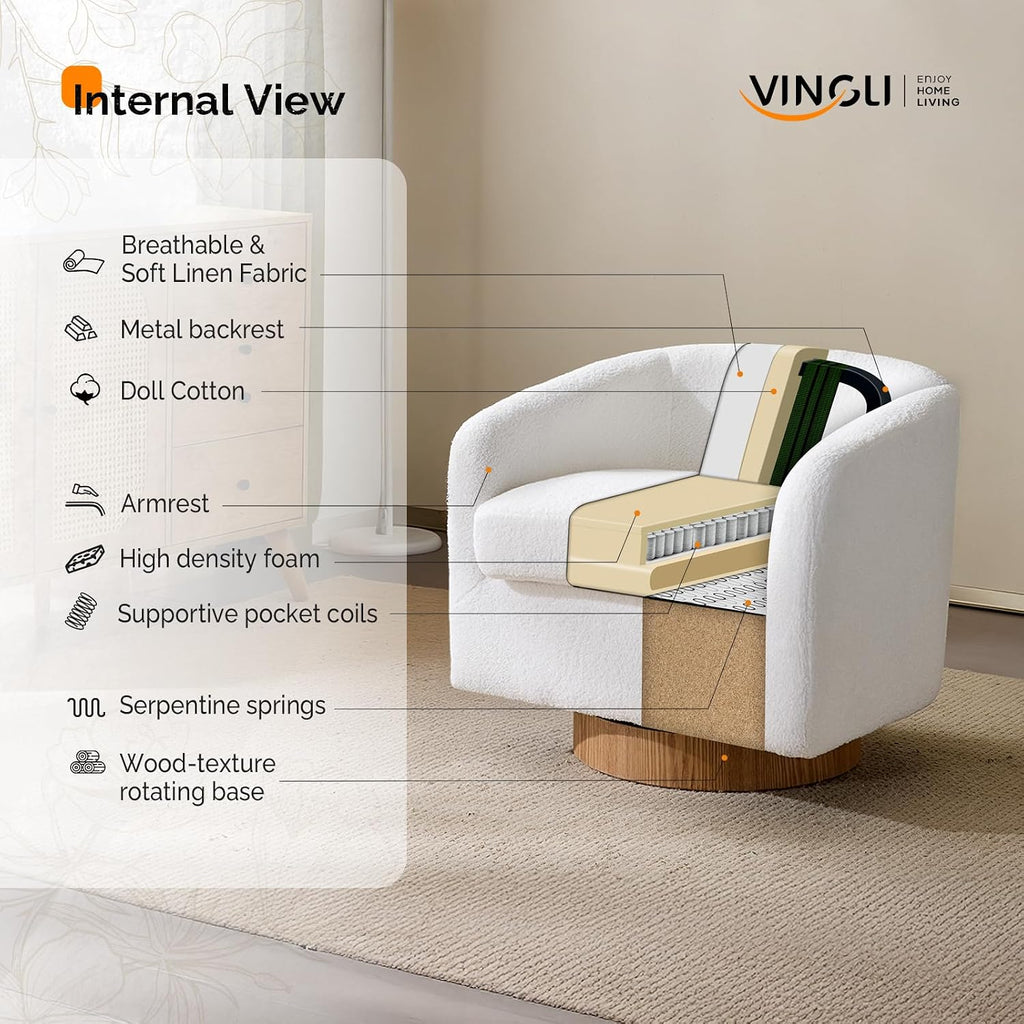 VINGLI 360°Swivel Accent Chairs Set of 2 with Engineered Wood Base and Removable Cushion for Living Room, Bedroom, Curved Back Barrel Chairs for Small Space, Upholstered Bucket Armchairs, Teddy White