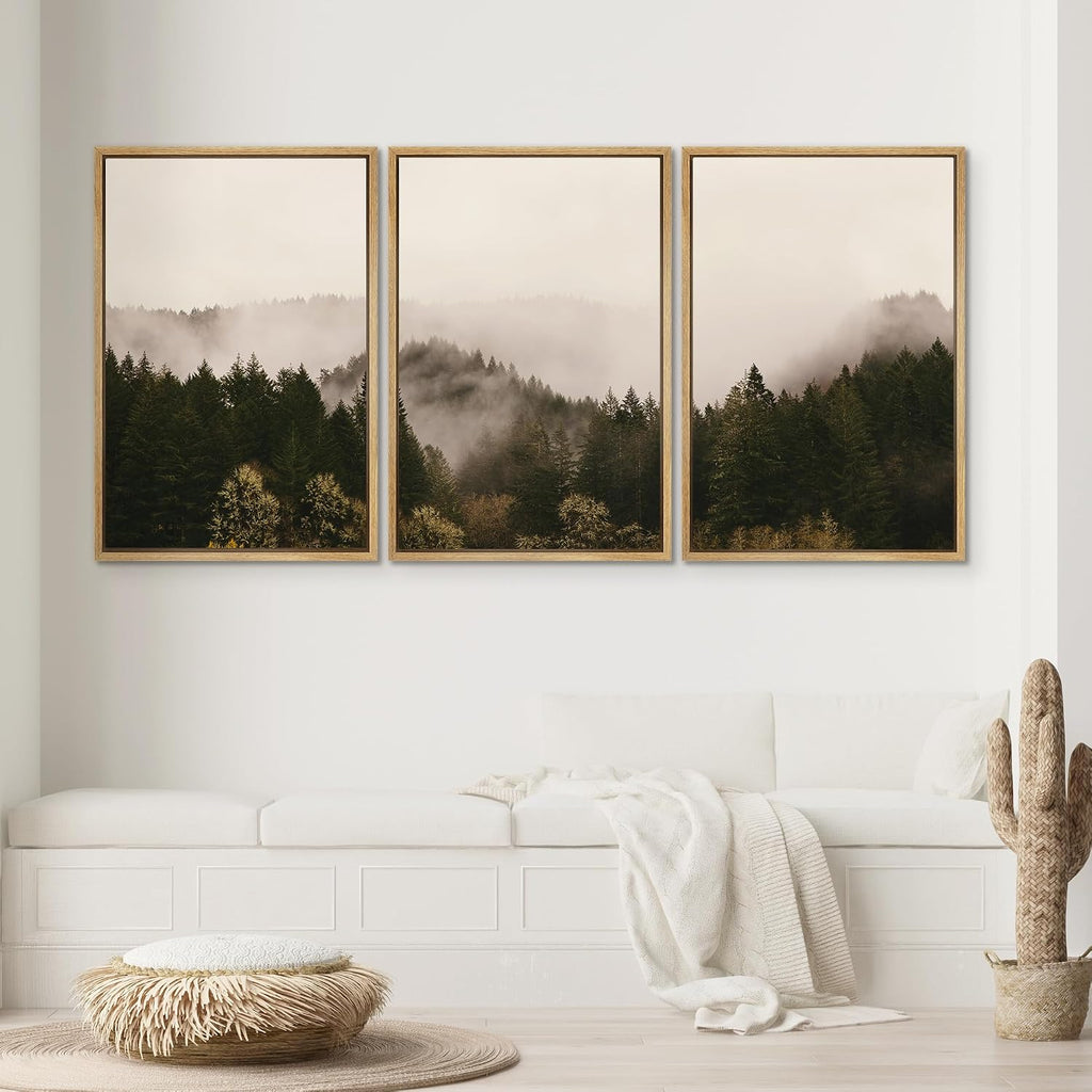 SIGNWIN 3 Piece Framed Canvas Wall Art Brown Foggy Mountains Nature Wilderness Photography Abstract Rustic Canvas Prints Home Artwork Decoration for Living Room,Bedroom - 16'x24'x3 Natural