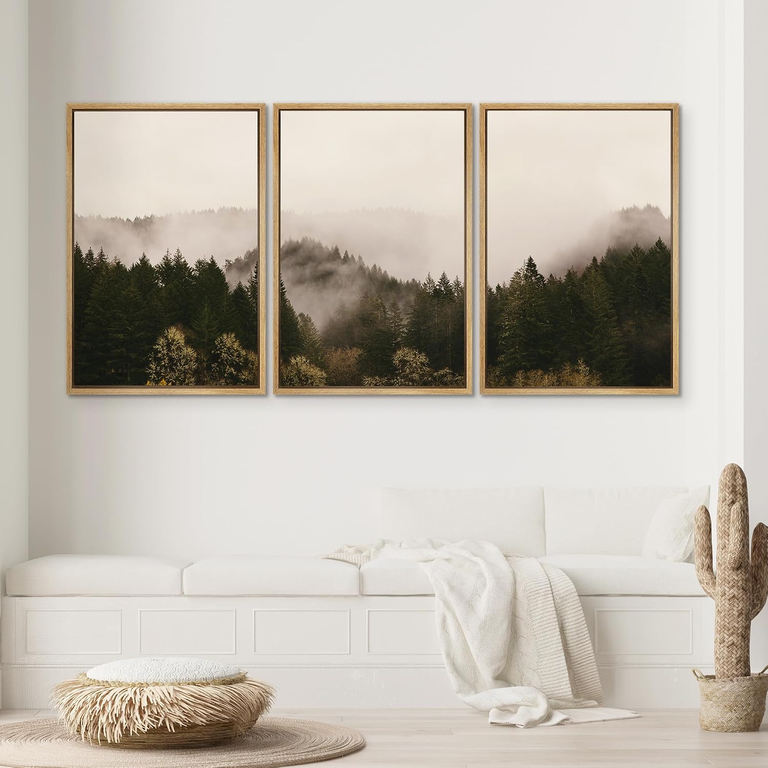 SIGNWIN 3 Piece Framed Canvas Wall Art Brown Foggy Mountains Nature Wilderness Photography Abstract Rustic Canvas Prints Home Artwork Decoration for Living Room,Bedroom - 16'x24'x3 Natural