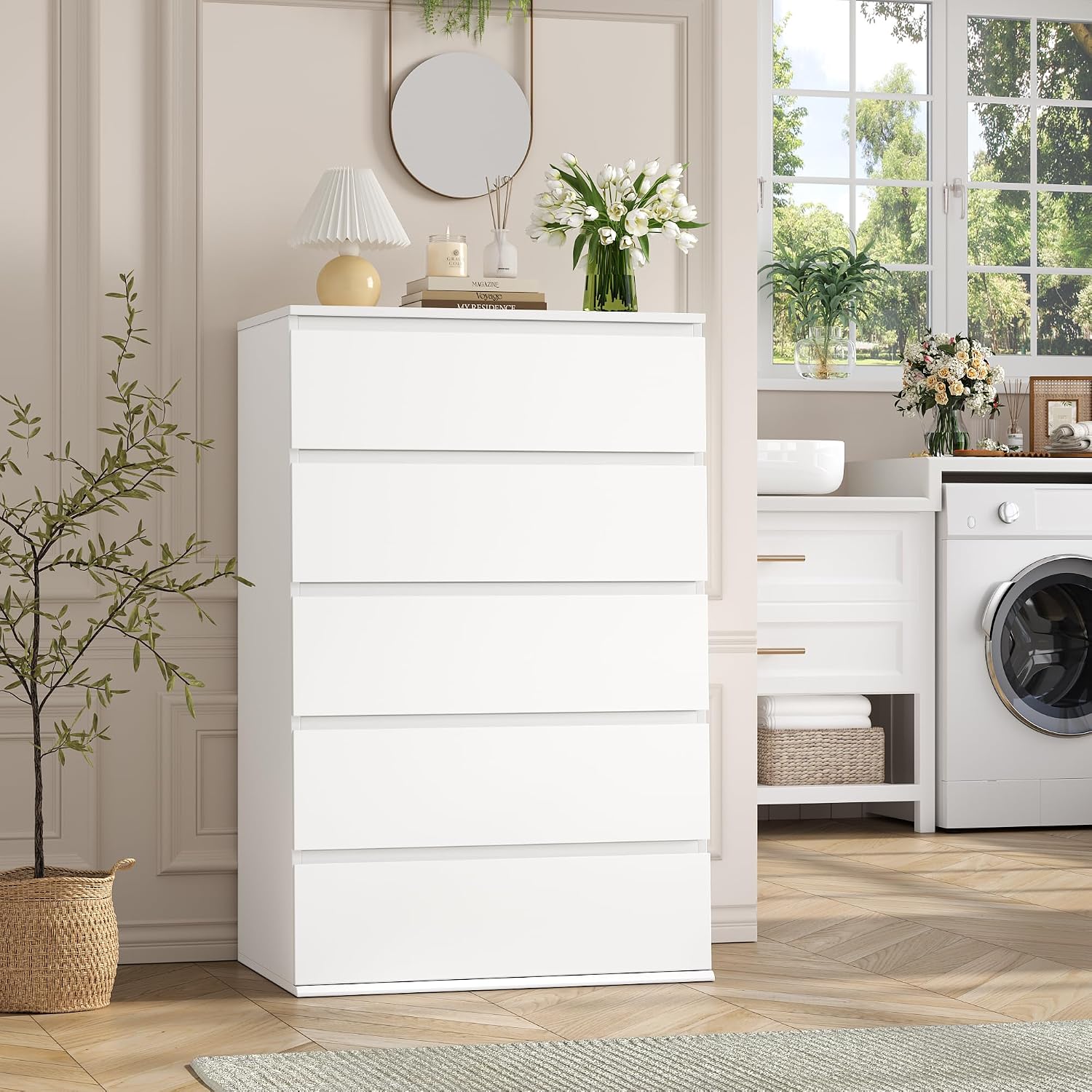 FOTOSOK Bedroom Set, 5 Drawer Dresser and Nightstand Sets for Bedroom, 3 Piece Bedroom Set, Night Stand Set of 2 & White Dresser Set, Chest of Drawers Storage Cabinet Set, White