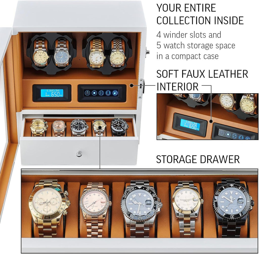 4 Watch Winder with 5 Watch Storage Space, LCD Display, Touch Control and Interior Light