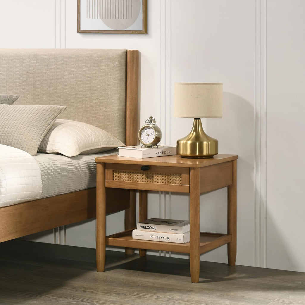 Roundhill Furniture Vichy 3-Piece Rubberwood Bedroom Set, Platform Bed with Two Nightstands, King, Textured Polyester