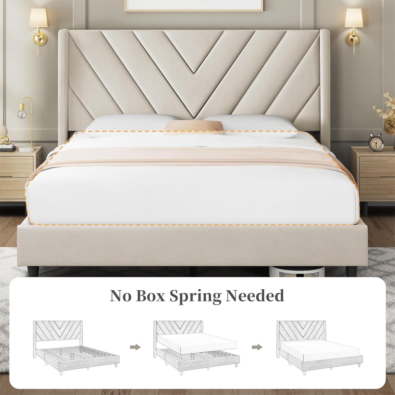 Yaheetech Full Bed Frame Upholstered Platform Bed with Wing Side Tufted Headboard/Sturdy Wooden Slat Support/No Box Spring Needed/Mattress Foundation,Beige Full Bed