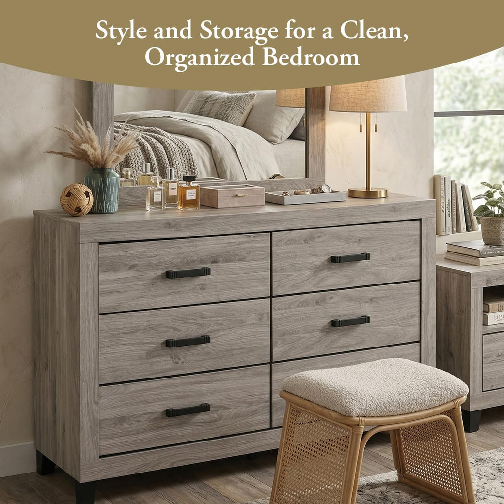 Kings Brand Furniture Napa Farmhouse 6-Piece Bedroom Set - Bed Frame with Headboard, Chest, Dresser and Mirror and 2 Nightstands (King Size)