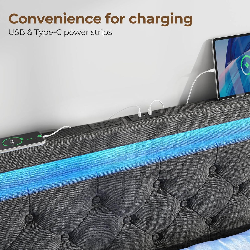 Rolanstar Queen Bed Frame with LED Lights and Charging Station, Upholstered Bed with Drawers, Wooden Slats, Noise Free, Easy Assembly, Dark Gray