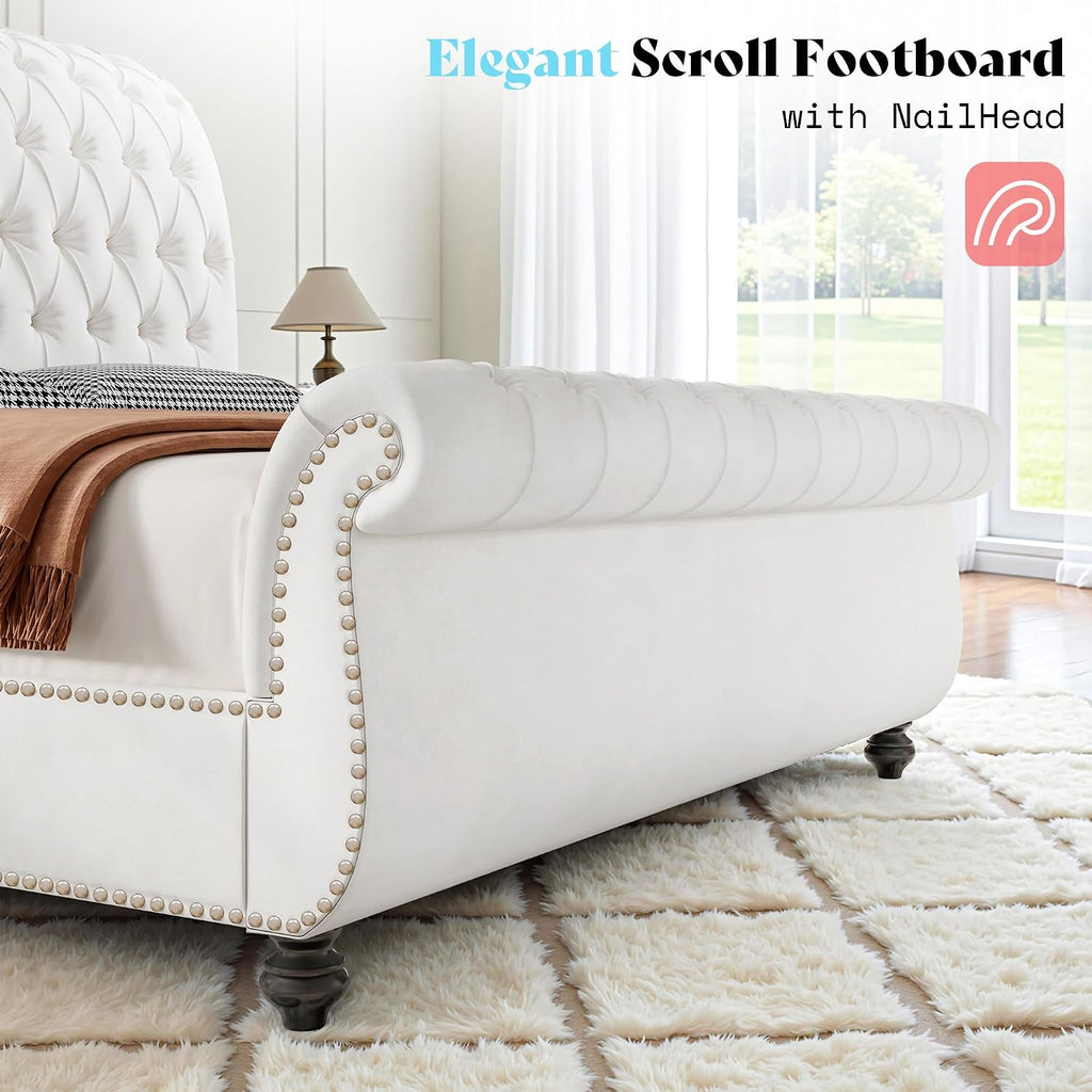 AMERLIFE 55' Tall Sleigh Bed Frame with Scroll Headboard & Footboard, Velvet Upholstered Platform Bed with Deep Button Tufted, Solid Wood Legs, No Box Spring Needed, White, King