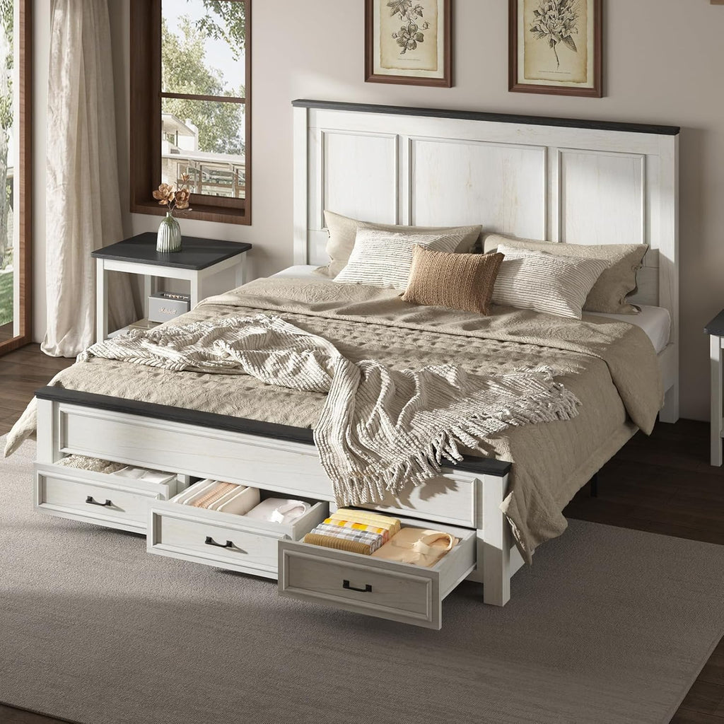 AMERLIFE 3-Piece Farmhouse Bedroom Furniture Set, Includes 1 King Size Wood Platform Bed Frame with Panel Headboard and 2 Nightstands with Charging Station, No Box Spring Needed, Rustic White