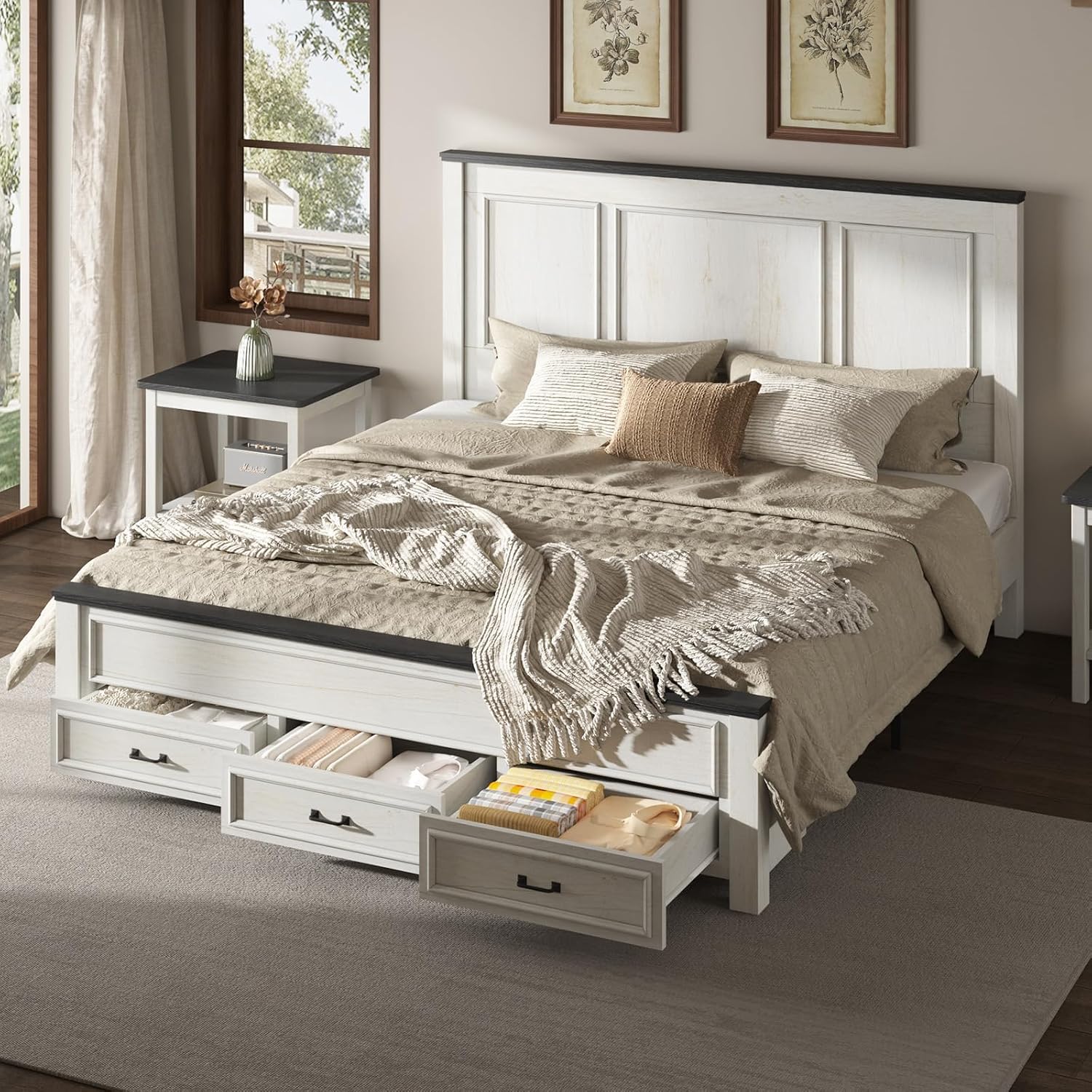 AMERLIFE 3-Piece Farmhouse Bedroom Furniture Set, Includes 1 King Size Wood Platform Bed Frame with Panel Headboard and 2 Nightstands with Charging Station, No Box Spring Needed, Rustic White