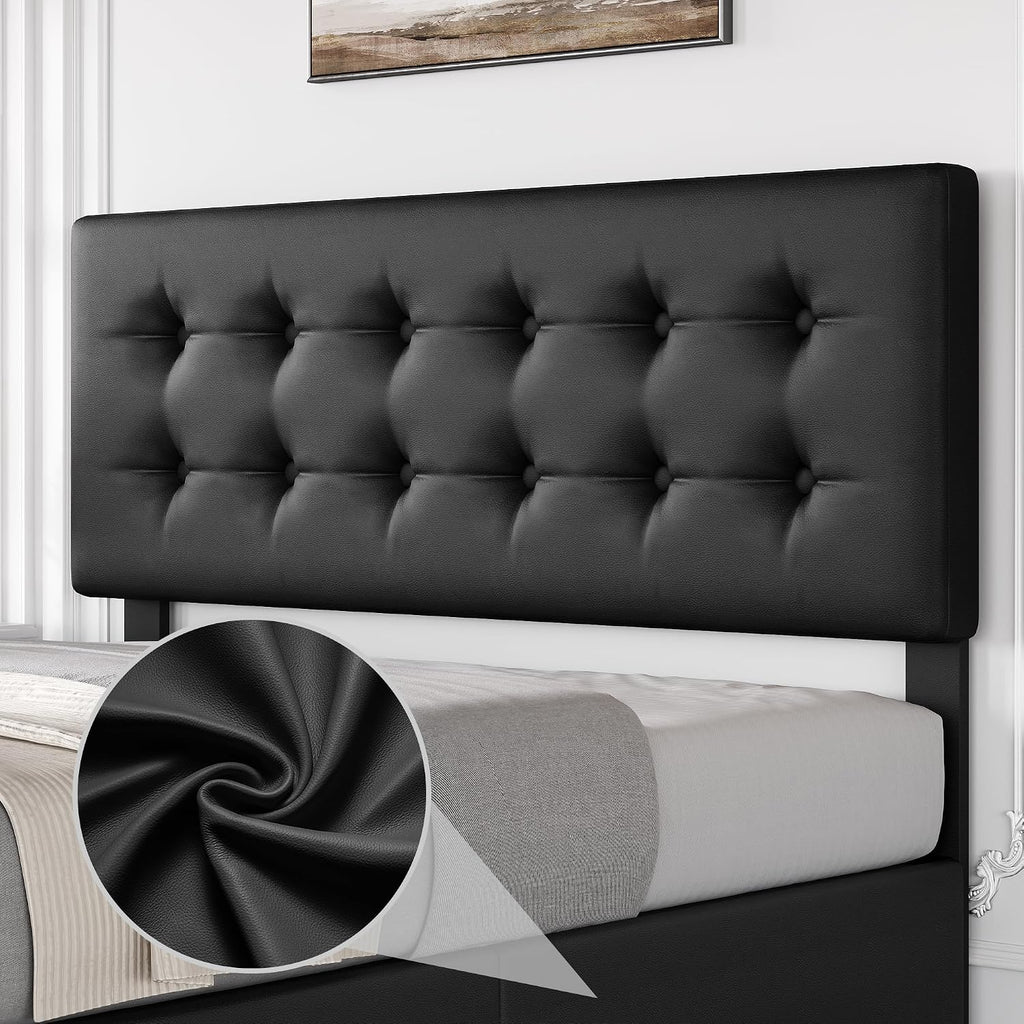 IDEALHOUSE Full Size Bed Frame with 4 Storage Drawers and Headboard, Faux Leather Upholstered Platform Bed Frame with Wooden Slats Support, Button Tufted Design, No Box Spring Needed, Black