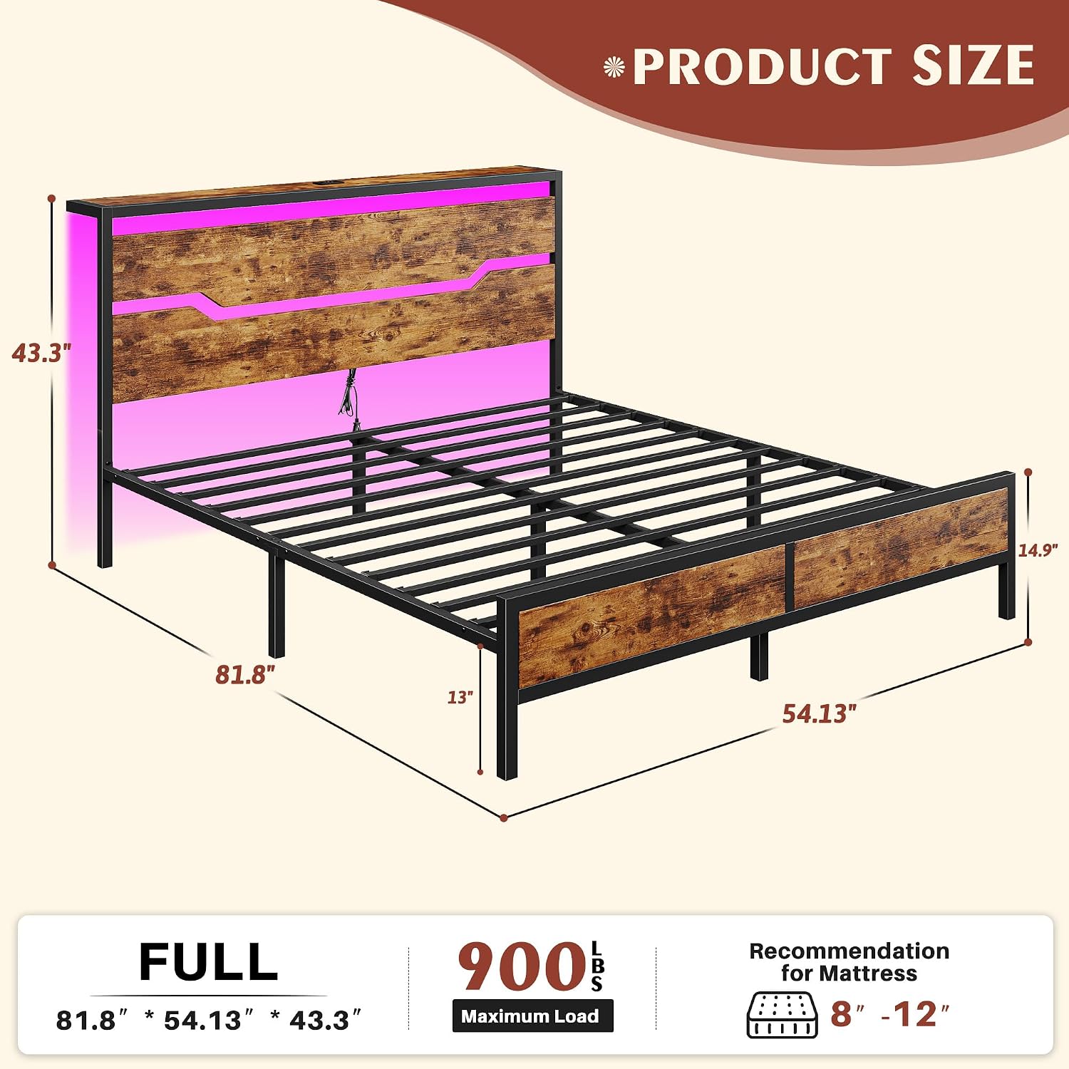 Homkdom Full Size Bed Frame with LED Lights & Charging Station, Industrial Metal Platform Bed with 13' Large Under-Bed Storage, Heavy Duty Slats,Noise-Free, No Box Spring Needed, Modern Brown