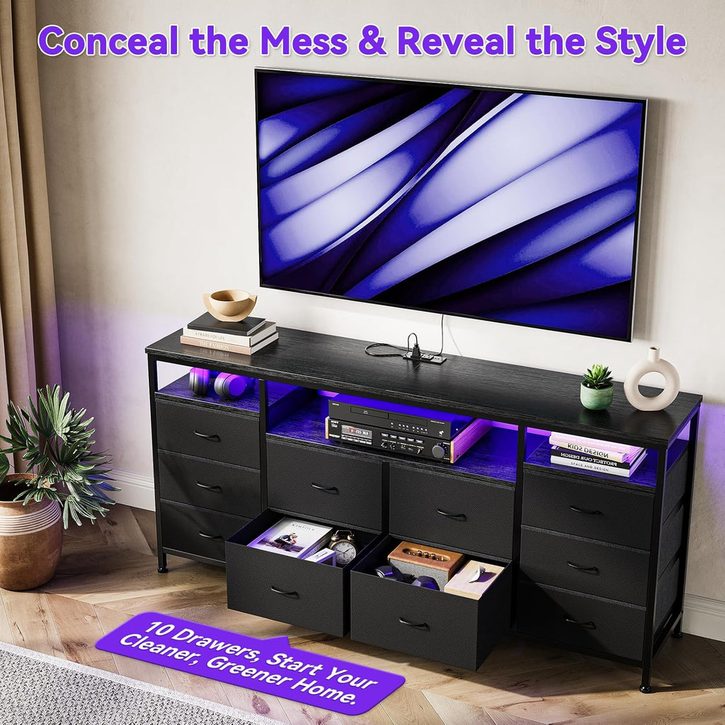 63.3 in Black Dresser for Bedroom, 10 Drawer Dresser TV Stand for 65 70 75 in TV, Fabric Chest of Drawers with LED Lights & Power Outlets, Long Entertainment Center for Closet, Living Room, Entryw
