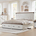 RedLemon Farmhouse King Size Bed Frame w/ 54' Tall Geometric Headboard, Rustic Wood Platform Bed w/ 2 Large Storage Drawers, Wood Slats Support, Noise Free, No Box Spring Needed, Antique White
