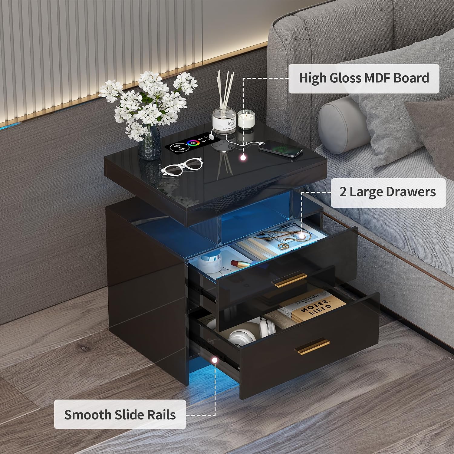 Lvifur Smart Nightstand Set of 2 - LED Night Stand with RGB Lights, Modern Bedside Table with Charging Station for Bedroom, Glossy End Table with Human Body Induction (Black)
